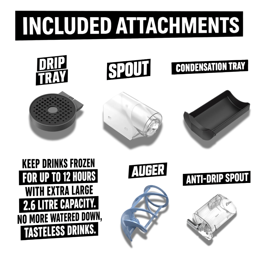 Included attachments: drip tray, spout, condensation tray, auger, anti-drip spout